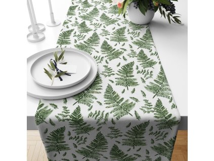 Ervi bavlněný běhoun na stůl - zelené kapradí (Barva Bílá, Rozměr 20 x 120 cm, Vzor Lístečký/Větvičky)