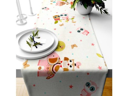Ervi bavlněný běhoun na stůl - sovičky a sloni (Barva Bílá/White, Rozměr 20 x 120 cm, Vzor Dětský/Childlike)