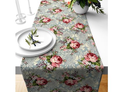 Ervi Gobelinový běhoun na stůl - Květinová symfonie na šedo-modrém (Rozměr 35 x 120 cm)