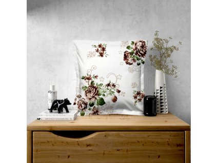 Ervi povlak na polštář bavlněný s lemem - hnědé růže (Barva Bílá, Rozměr 30 x 50 cm, Vzor kvetinový)