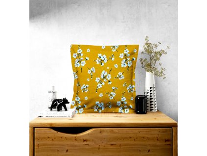 Ervi povlak na polštář bavlněný s lemem - květiny na hořčici (Rozměr 30 x 50 cm)