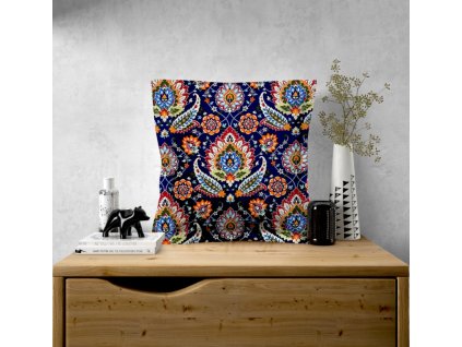 Ervi povlak na polštář bavlněný s lemem - Etno na tmavě modrém (Rozměr 30 x 50 cm)