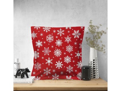 Ervi povlak na polštář bavlněný s lemem - sněhové vločky na červeném (Rozměr 30 x 50 cm)