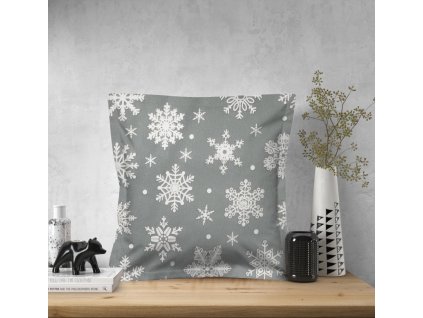 Ervi povlak na polštář bavlněný s lemem - sněhové vločky na šedém (Rozměr 30 x 50 cm)