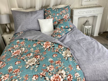 Ervi bavlněné povlečení oboustranné - kvety-na-tyrkysovém/šedé (Rozměr 140x200 cm + 70x90 cm)