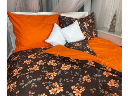 Ervi bavlněné povlečení oboustranné - květy na hnědém/oranžové (Rozměr 140x200 cm + 70x90 cm)