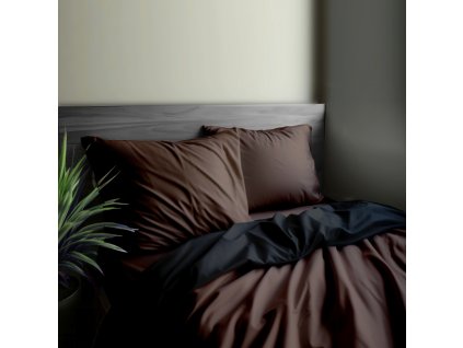 Ervi Luxsusní saténové oboustranné bavlněné povlečení hnědé/černé (Rozměr 140x200 cm + 70x90 cm)
