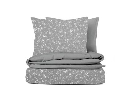 Ervi bavlněné povlečení oboustranné - květiny na šedém/šedé (Rozměr 140x200 cm + 70x90 cm)