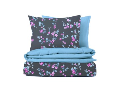 Ervi bavlněné povlečení oboustranné - květ na šedém/modré (Rozměr 140x200 cm + 70x90 cm)