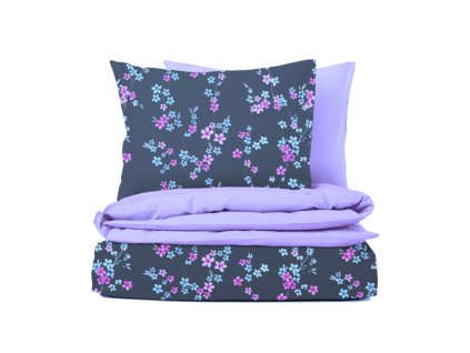 Ervi bavlněné povlečení oboustranné - květ na šedém/fialové (Rozměr 140x200 cm + 70x90 cm)
