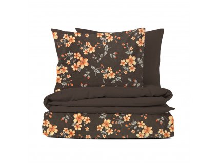 Ervi bavlněné povlečení oboustranné - oránžové květy na hnědém/hnědé (Rozměr 140x200 cm + 70x90 cm)