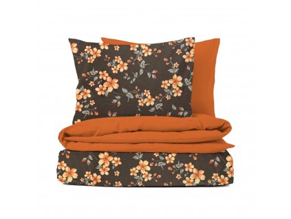Ervi bavlněné povlečení oboustranné - oránžové květy na hnědém/oránžové (Rozměr 140x200 cm + 70x90 cm)