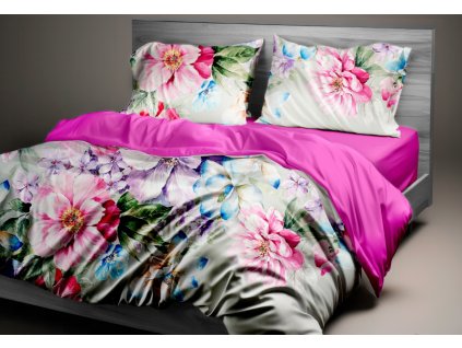 Ervi Bavlněné Saténové povlečení DELUXE DUO - Malované růžové a fialové květy/fuchsia (Rozměr 140x200 cm + 70x90 cm)