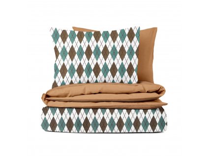 Ervi flanelové povlečení - Harlekýn tyrkysově hnědé/hnědé (Rozměr 140x200 cm + 70x90 cm)