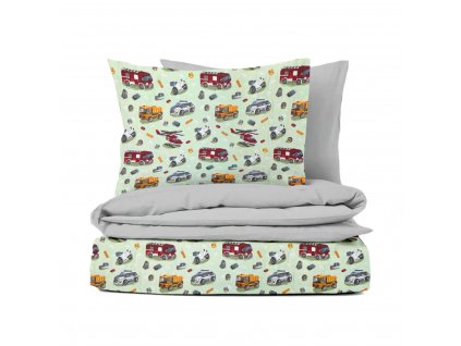 Ervi FLANELOVÉ bavlněné povlečení - autíčká a vrtulníky na zeleném/šedé (Rozměr 140x200 cm + 70x90 cm)