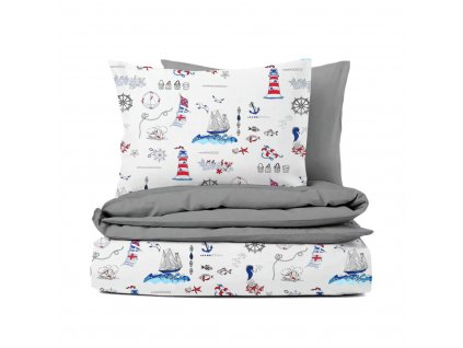 Ervi bavlněné povlečení oboustranné - námořní motivy na bílém/šedé (Rozměr 140x200 cm + 70x90 cm)