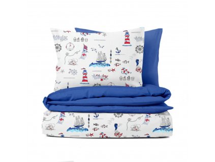 Ervi bavlněné povlečení oboustranné - námořní motivy na bílém/modré (Rozměr 140x200 cm + 70x90 cm)