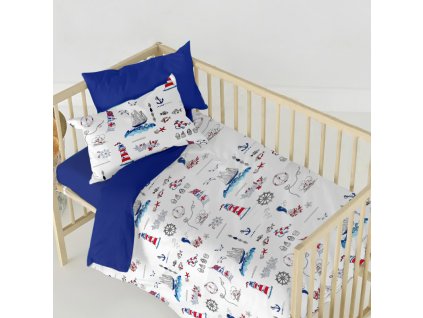 Ervi bavlněné povlečení do postýlky DUO - námořní motivy na bílém/modré (Rozměr 90x120 cm + 40x60 cm)