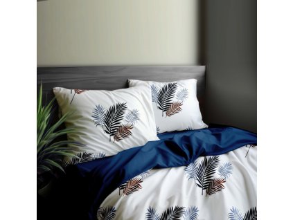 Ervi bavlněné povlečení oboustranné - hnědé a modré palmové listy/modré (Rozměr 140x200 cm + 70x90 cm)