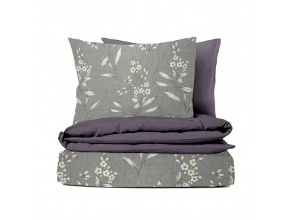 Ervi bavlněné povlečení oboustranné - květinky na šedém/šedo-fialové (Rozměr 140x200 cm + 70x90 cm)
