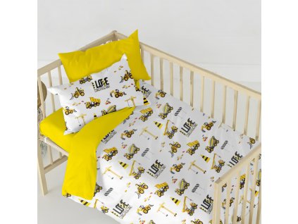Ervi bavlněné povlečení do postýlky DUO - auta a bagry/žluté (Rozměr 90x120 cm + 40x60 cm)