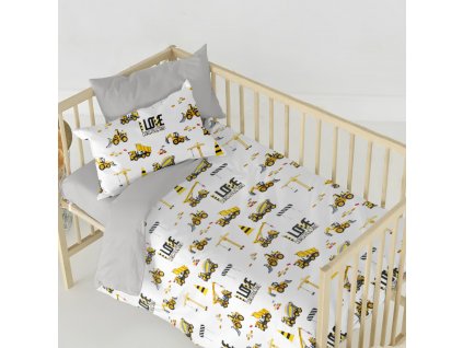 Ervi bavlněné povlečení do postýlky DUO - auta a bagry/šedé (Rozměr 90x120 cm + 40x60 cm)