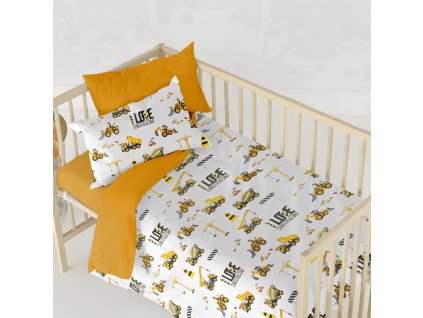 Ervi bavlněné povlečení do postýlky DUO - auta a bagry/oranžové (Rozměr 90x120 cm + 40x60 cm)