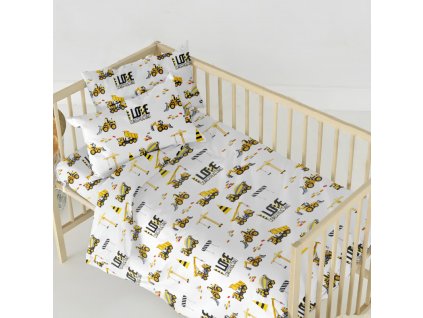 Ervi bavlněné povlečení do postýlky - auta a bagry (Rozměr 90x120 cm + 40x60 cm)