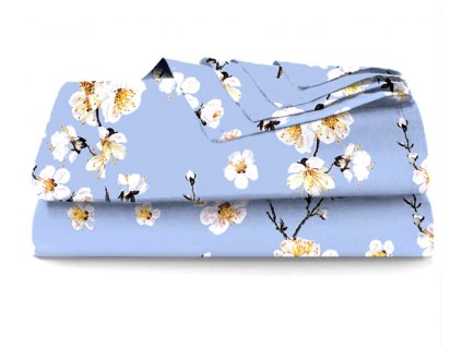 Ervi bavlněné prostěradlo - květ jabloně na modrém (Barva modrá, Rozměr 140x240 cm, Vzor Květinový)