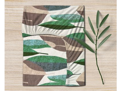 Ervi bavlněné napínací prostěradlo - zelené a béžové listy (Rozměr 80x160 cm)