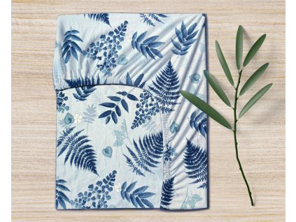 Ervi bavlněné napínací prostěradlo - Akvarelové lístky na modrém (Rozměr 80x160 cm)