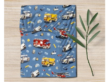 Ervi Bavlněné napínací prostěradlo - autíčká a vrtulníky na modrém (Rozměr 80x160 cm)