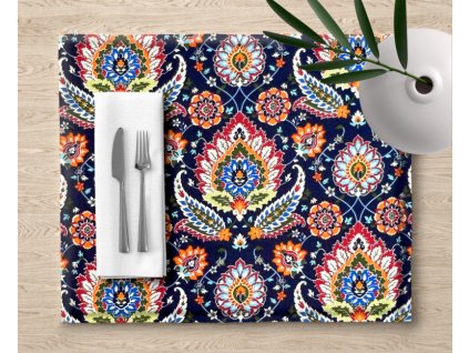 Ervi bavlněné prostírání na stůl - Etno na tmavě modrém (Rozměr 30 x 40 cm)