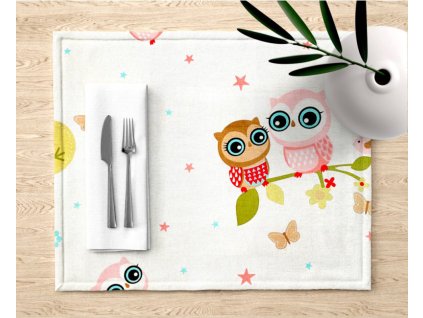 Ervi bavlněné prostírání na stůl - sovičky a sloni (Barva Bílá/White, Rozměr 30 x 40 cm)