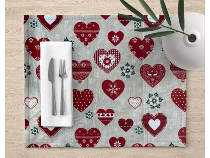 Ervi bavlněné prostírání na stůl - Vánoční srdíčka na šedém (Barva Barevná/Colorful, Rozměr 30 x 40 cm)