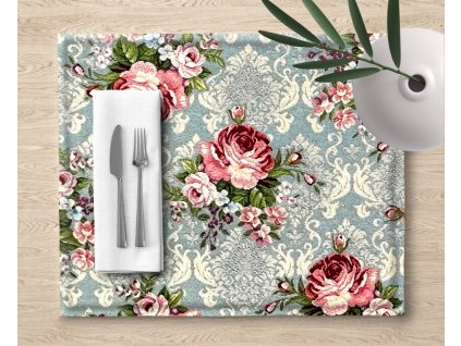 Ervi Gobelínové prostírání na stůl - Květinová symfonie na šedo-modrém (Rozměr 30 x 40 cm)