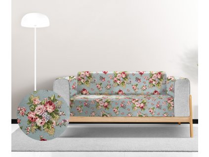 Ervi Gobelínový přehoz na sedačku/postel - Jemné růže na šedo-modrém (Kombinace bez područek, Rozměr 140x200 cm)