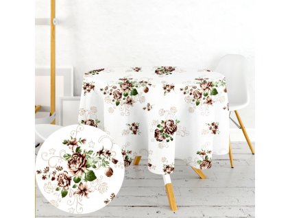 Ervi bavlněný ubrus na stůl kulatý - hnědé růže (Barva Bílá, Rozměr průměr 40 cm, Vzor kvetinový)