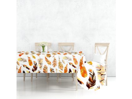 Ervi bavlněný ubrus na stůl obdélníkový - oranžové peří (Barva Bílá, Rozměr 80x120 cm, Vzor Přírodní)