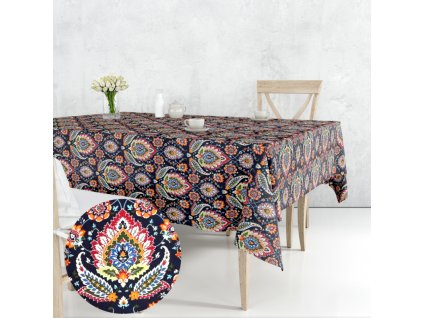 Ervi bavlněný ubrus na stůl čtvercový - Etno na tmavě modrém (Barva barevná, Rozměr 40x40 cm, Vzor Etnický)