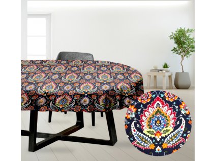 Ervi bavlněný ubrus na stůl oválný - Etno na tmavě modrém (Barva barevná, Rozměr 80x120 cm, Vzor Etnický)