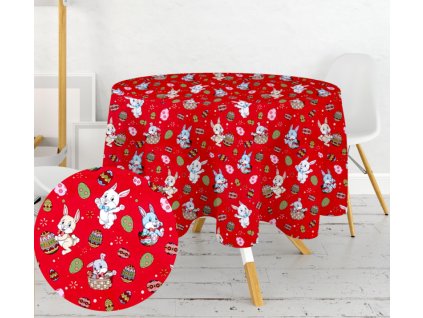 Ervi bavlněný ubrus na stůl kulatý - Velikonoční zajíčci-červené (Rozměr průměr 40 cm)