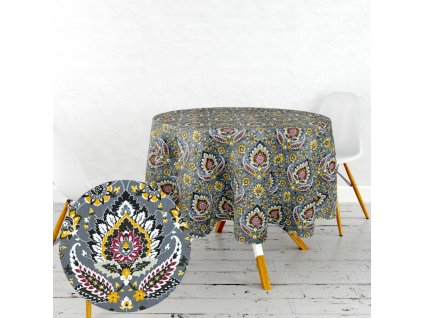 Ervi bavlněný ubrus na stůl kulatý - Etno na šedém (Barva barevná, Rozměr průměr 40 cm, Vzor Etnický)