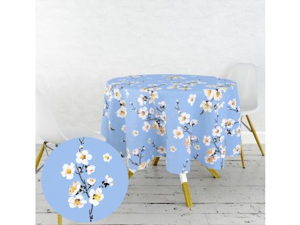 Ervi bavlněný ubrus na stůl kulatý - květ jabloně na modrém (Rozměr průměr 40 cm)