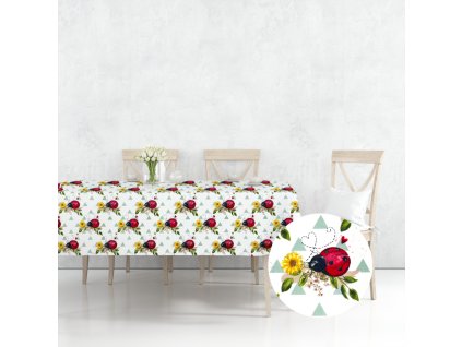 Ervi bavlněný ubrus na stůl čtvercový - berušky a slunečnice (Rozměr 40x40 cm)