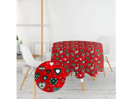 Ervi bavlněný ubrus na stůl kulatý - Vánoční - srdíčka na červeném (Barva barevná, Rozměr průměr 40 cm, Vzor Vánoční)
