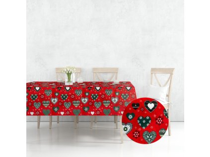 Ervi bavlněný ubrus na stůl obdélníkový - Vánoční - srdíčka na červeném (Barva Barevná/Colorful, Rozměr 80x120 cm, Vzor Vánoční/Christmas)
