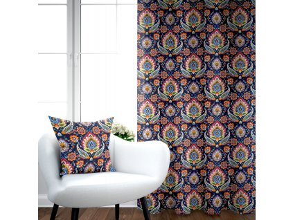 Ervi bavlněný závěs - Etno na tmavě modrém (Barva barevná, Rozměr 140x160 cm, Vzor Etnický)