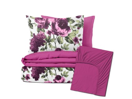 Ervi Zvýhodněná Sada Bavlněného DUO povlečení s Prostěradlem - fialové hortenzie a pivoňky/fuchsia (Rozměr 200x220 cm +2ks x 70x80 cm + prostěradlo 180x200 cm)
