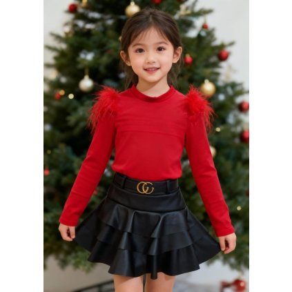 Dievčenská kožená sukňa 2v1 s volánikmi (Veľkosť 152/158, Farba Čierna)